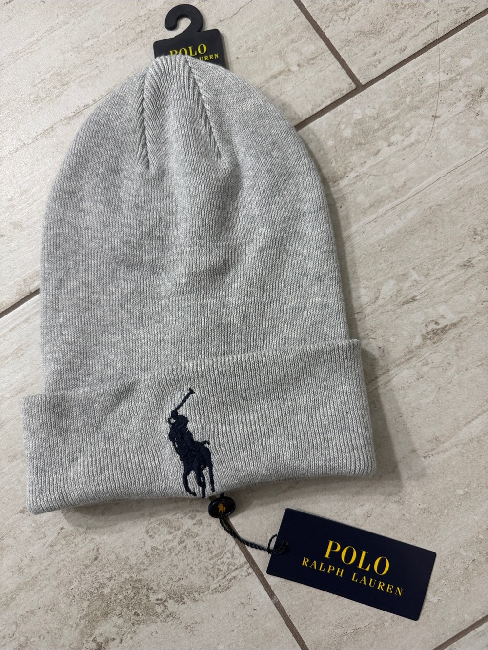 Polo by Ralph Lauren Light Gray Knit Beanie with Navy Pony nwt .. authentic
